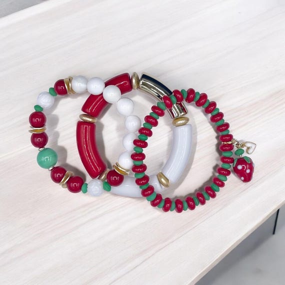 Strawberry charm bracelet, summer esthetic, Fruit jewelry, Cottage Core Style, Red, Green, White gemstone, stacking bracelets.