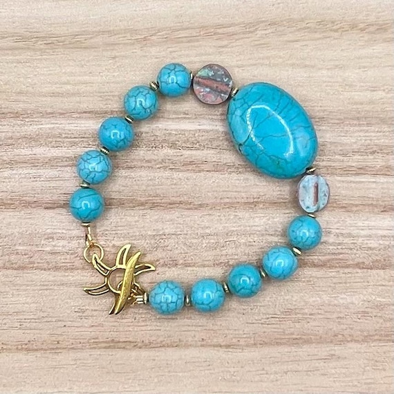 Turquoise Gemstone and Gold-Tone Woman’s Clasp Bracelet, Southwestern, Boho, Cowgirl