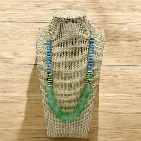 Sea Glass Statement Necklace – Chunky Green & Blue Adjustable Beaded Necklace