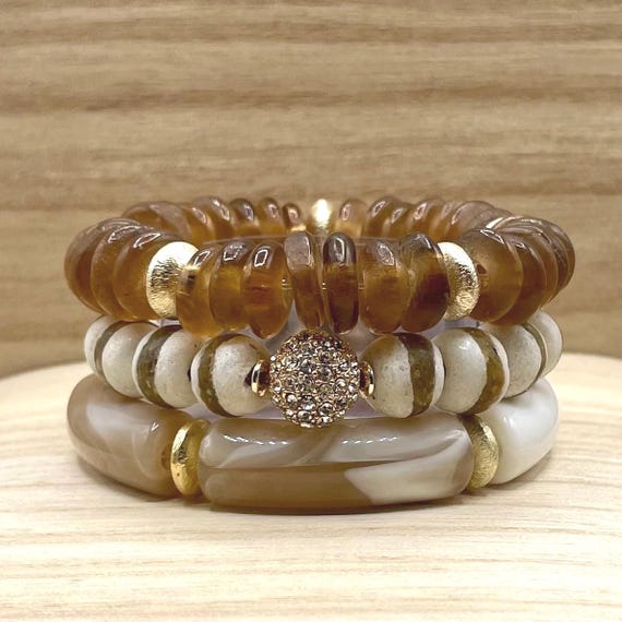 Sand Dunes Bracelet Stack – Sand and Shell Colored Glass Beaded Stretch Bracelets with Crystal Accent, Chic Boho Arm Candy