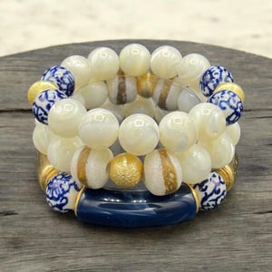 Blue Chinoiserie Bracelet: Mother of Pearl & Krobo Beads