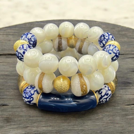Blue Flower Chinoiserie & White Gemstone Bohemian Bracelets For Mom |French Isle| Purchase individually or as a bracelet set!