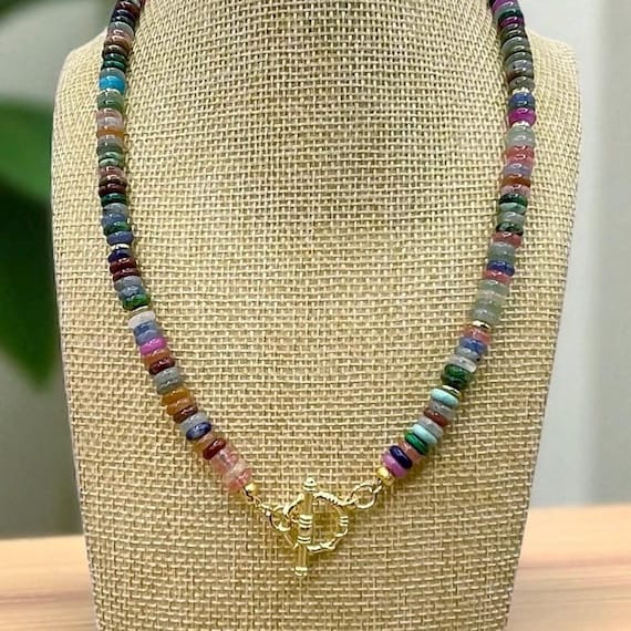 Multi-Colored, Rainbow Stone with Gold Accents, Beaded Necklace with Toggle Clasp, Custom Necklace length available.