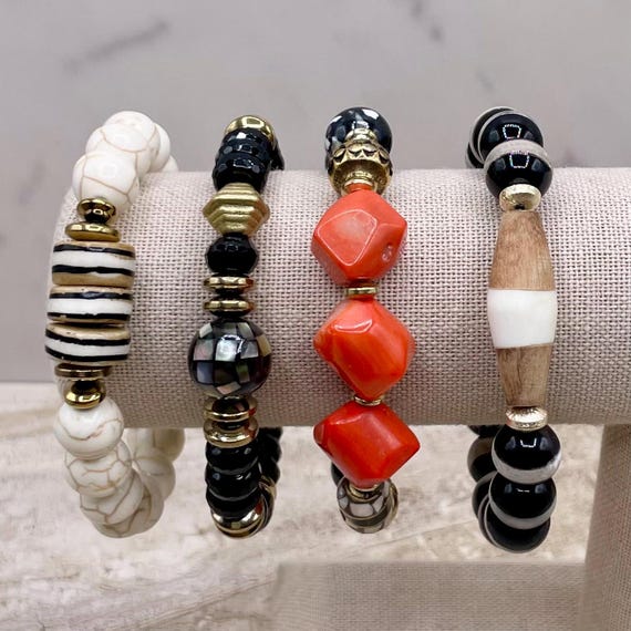 Bracelet Set - Coral, Ivory and Black Women's Stretch Bracelets, Multiple sizes