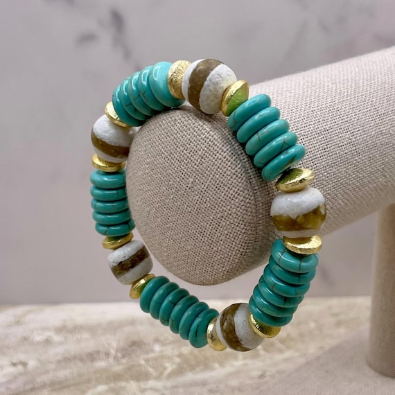 Coastal Vibe, Beach Styled, Teal and White Gemstone Stretch Bracelets| Women's beaded bracelets| Purchase individually or as a set.