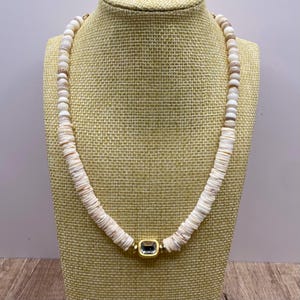 Coastal Shell Necklace: Mother of Pearl, Heishi Beads & Gold Accent