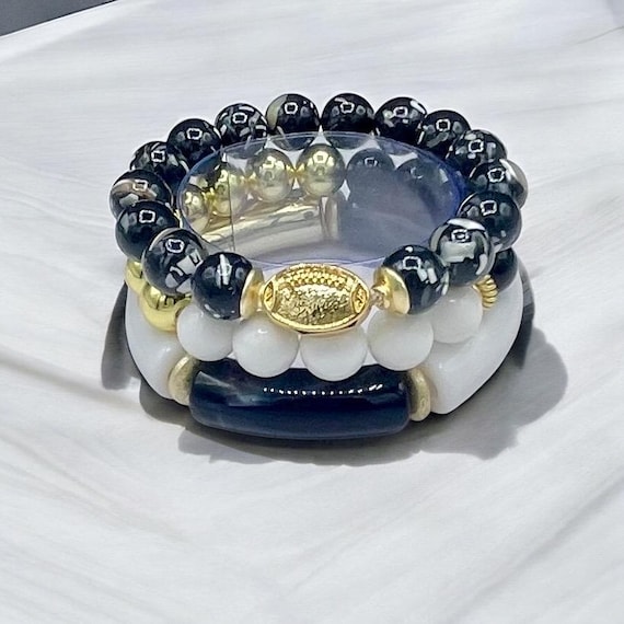 White,Black and Gold Woman’s College Game Day Bracelet Set| School, sports team bracelets.