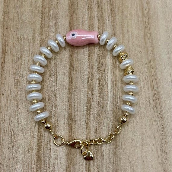 Lil’ Fishy Colorful Custom, Adjustable Woman's Bracelet, Glass Pearls, 14K Gold Plated - Pink, Green, Yellow, Orange, Teal, Aqua, Purple,