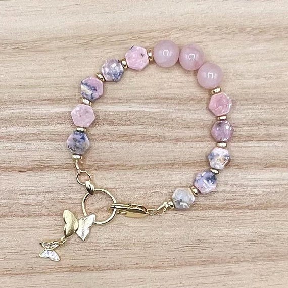 Natural Pink Opal Butterfly Kisses, Light Pink and Gold Gemstone Toggle Clasp Woman’s Bracelet.