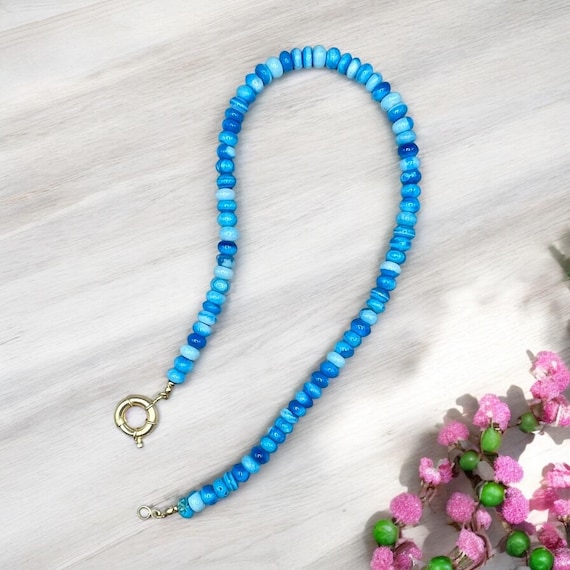 Blue Opal Gemstone, Beaded Necklace with Gold Charm Holder, Bright Blue, Custom length available.