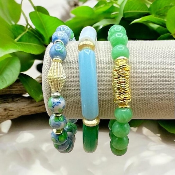 Green & Sky Blue Mini Bracelet Collection - Purchase individually or as a set - Women's beaded bracelets