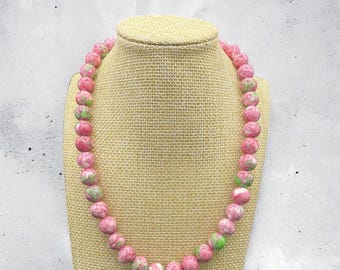 Women&#39;s Pink & Green Flower Jade Beaded necklace - &quot;Spring Fling&quot; - Matching Set, Custom sizing available.