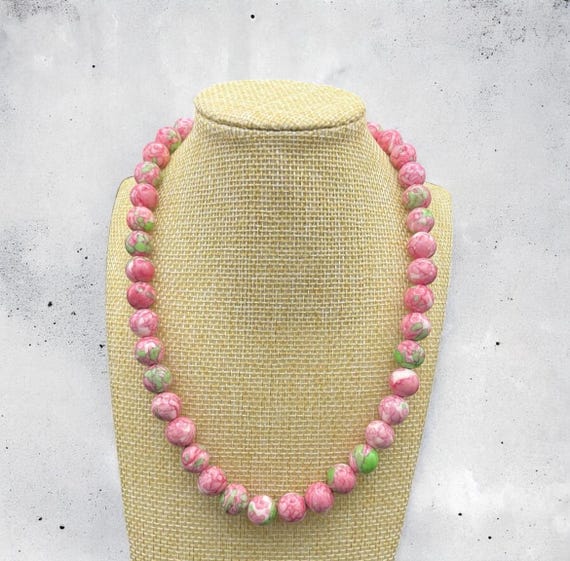Women's Pink & Green Flower Jade Beaded necklace - "Spring Fling" - Matching Set, Custom sizing available.