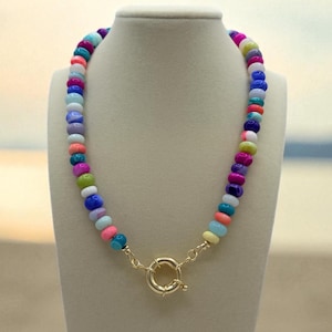 Rainbow Beaded Gemstone, Women's Necklace: Gold Tone Clasp, Charm Holder