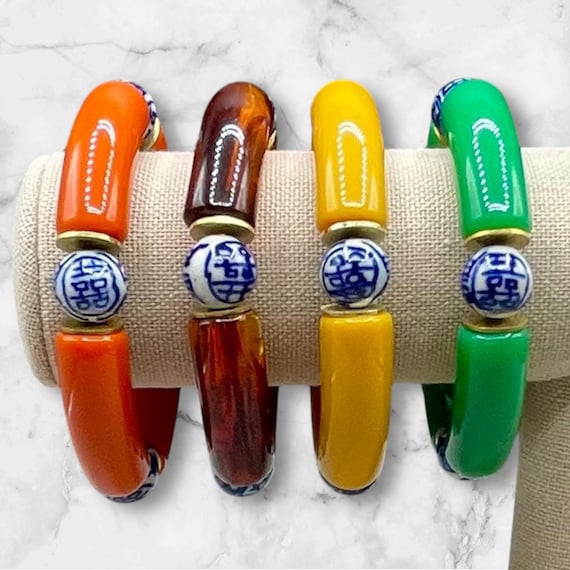 Chic Chinoiserie Acrylic  Bangle Bracelets - Texas Orange, Tortoise, Mustard yellow or Forest Green!