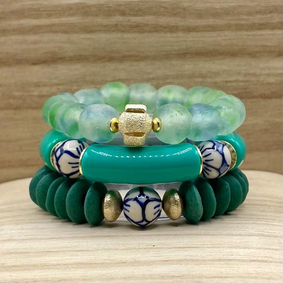 Aqua, Teal Caribbean Waters Bracelet Stack – Green & Gold Beaded Stretch Bracelets with Crystal Accent, Chic Boho Arm Candy