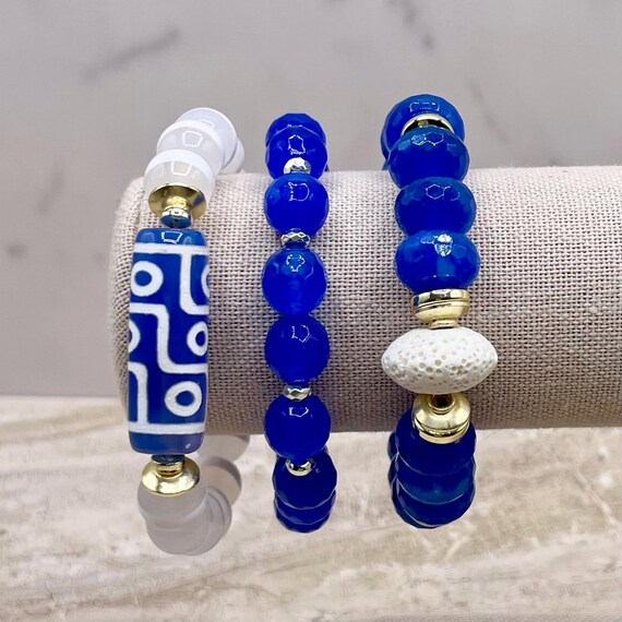 Royal Blue & White Agate Bracelet Set – Tibetan Gemstones, Boho Statement, Chunky Bracelets, Purchase individually or as a set.
