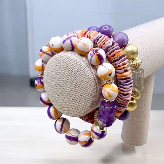 Amythyst Multi-Color Beaded Bracelets - Purple, Orange, White Women's stretch bracelets. Purchase individually or as a set.