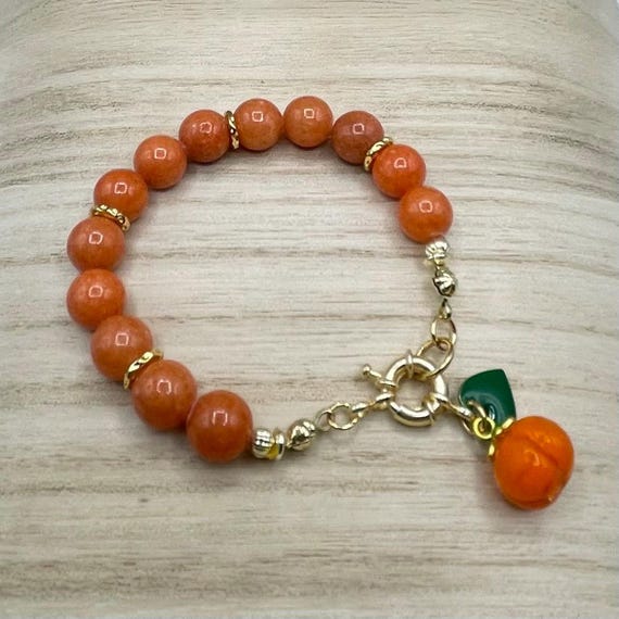 Lemon, Orange, Peach & Persimmon Woman’s Gemstone, Cottage Charm, Gold Clasp Bracelet