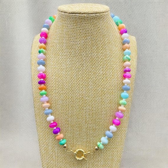 Beaded Gemstone Necklace with Charm Clasp - Rainbow Jade Necklace, Multiple lengths available