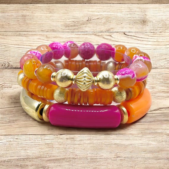 Pink and Orange "Summer Brights" Women’s Bracelet Set| Pink and Orange Stack Bracelets