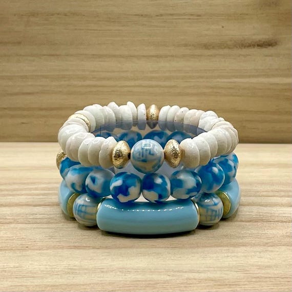 Blue Sky, Blue and White Women’s Beaded Stretch Bracelets - Purchase individually or as a set.