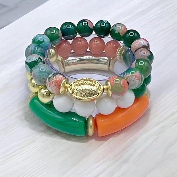 Women's University, College Green, Orange and white colored beaded bracelet - Sorority, Football Gift - Purchase individually or as a set