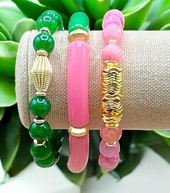 Pink & Green Spring Mini Bracelet Collection - 8mm Beaded Bracelets - Purchase individually or as a set