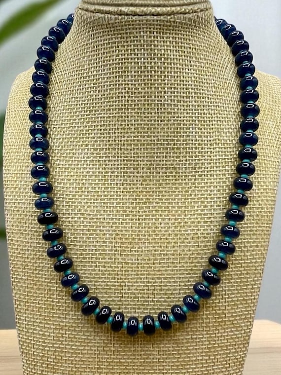 Ocean Moon Women’s necklace, Dark Blue Jade and glass Turquoise, with gold tone clasp