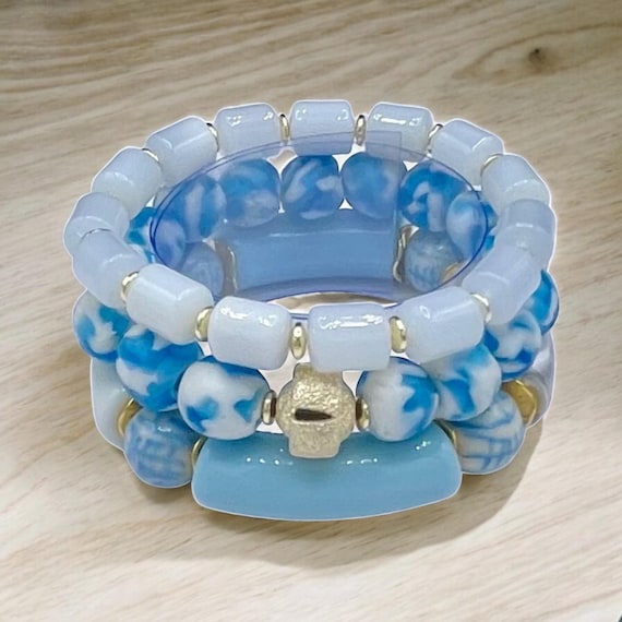 White & Light Blue Women’s Beaded Stretch Bracelets - Purchase individually or as a set.