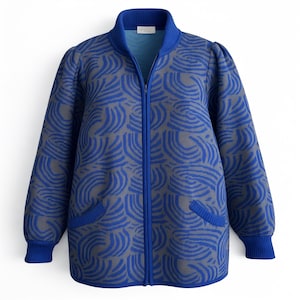 Vintage Nina Ricci Wool Knit Jacket: Electric Blue Geometric Pattern, Puff Sleeves
