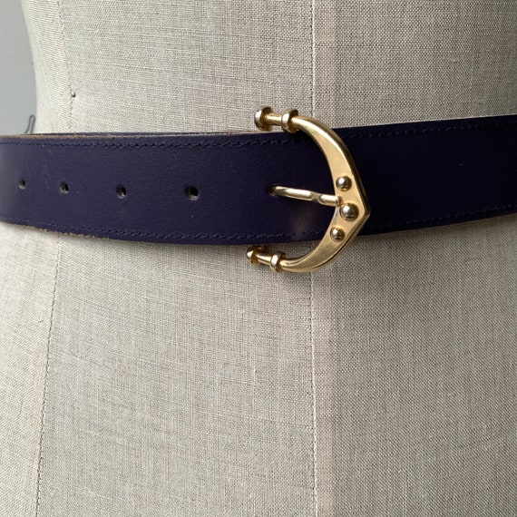 Vintage Purple Leather Belt: Gold Art Deco Buckle, High  display picture 1