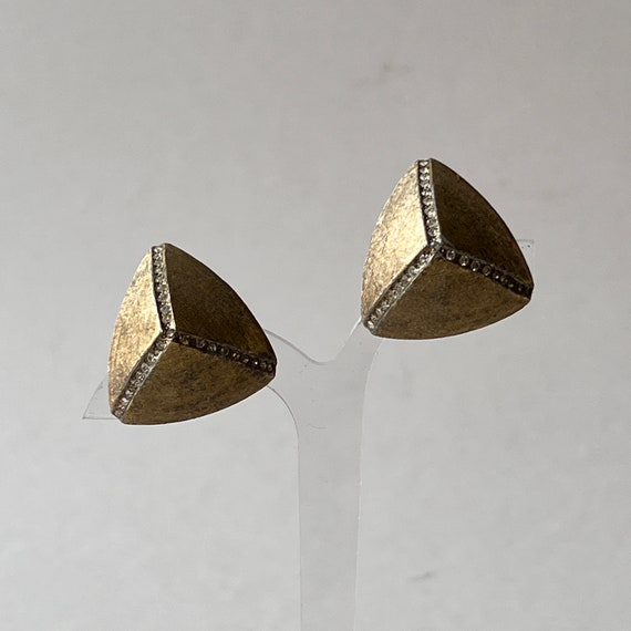 Vintage Pyramid Brushed Gold Metal Rhinstone Clip… - image 1