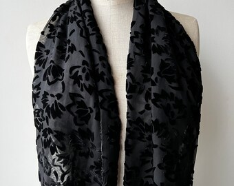 Vintage Long Black Silk Velvet Festive Scarf, Floral Soutache Art Nouveau Style, Wedding Cover Up Romantic Goth Shawl