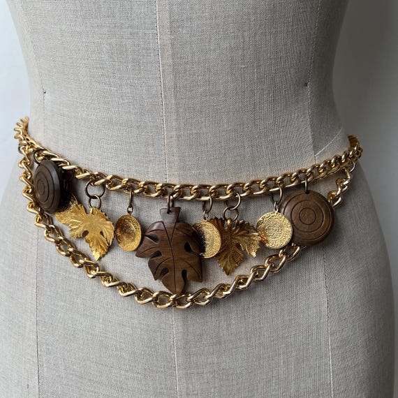 Vintage Gold Charm Chain Belt, Wood Maple Leaf, Coin Boho  display picture 3