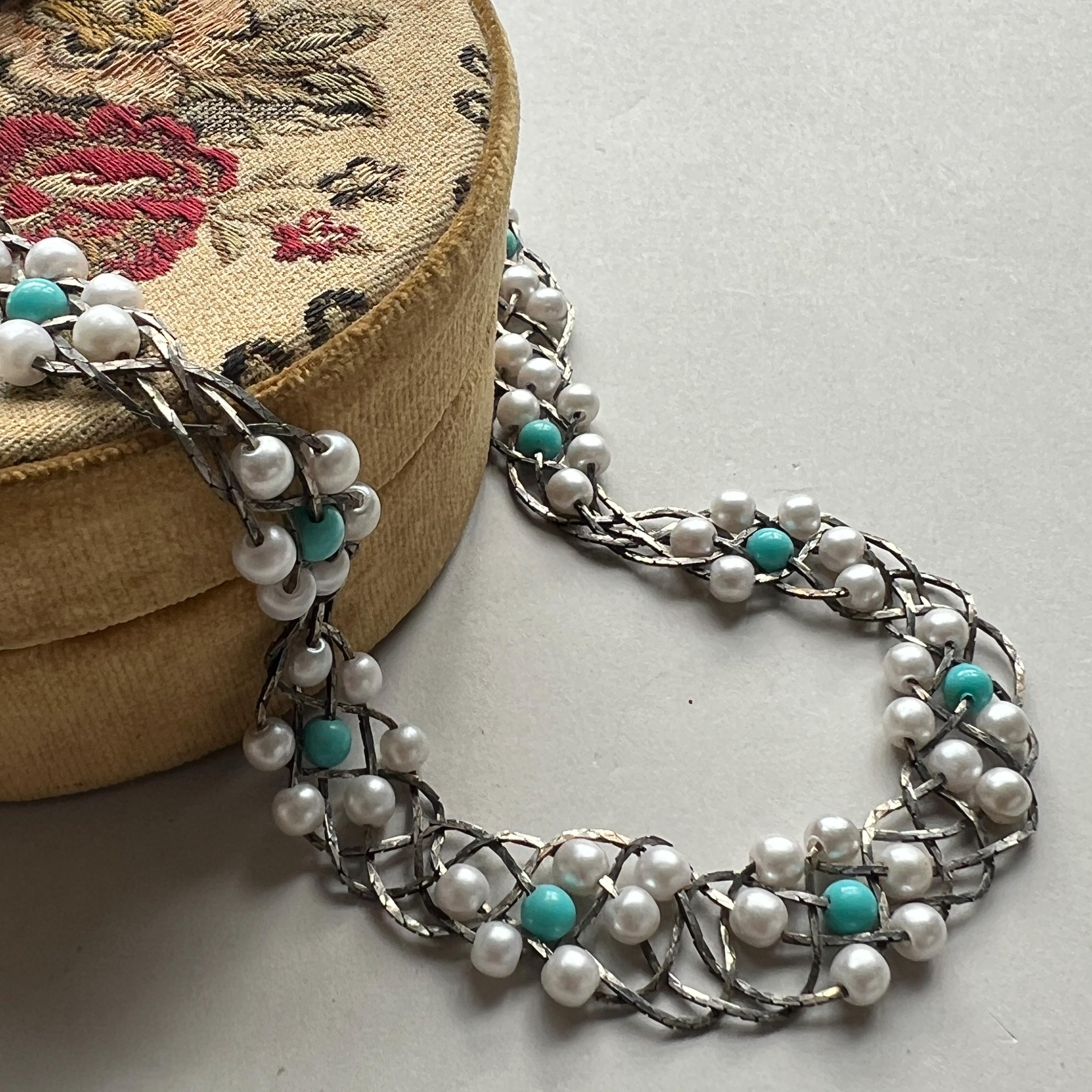 ヴィンテージ ターコイズとパールの編み込みリヴィエール シルバー
