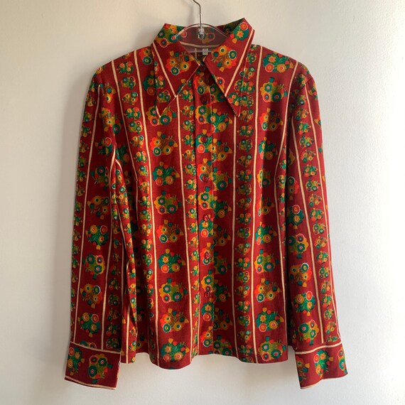 70s Vintage Wing Tipped Button Up Orange Floral D… - image 10