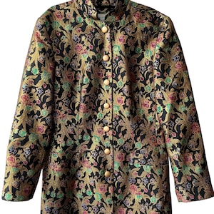 May include: A long-sleeved jacket featuring a black base with a metallic gold, pink, and green floral brocade pattern. The jacket has a mandarin collar, a front button closure with six round gold-toned buttons, and two front pockets.