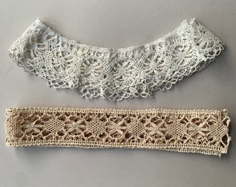 Bordure et col en dentelle au crochet antique des années 1920, 1930, costume d'époque Art déco à clapet, couture coquillage au crochet bord festonné écru blanc cassé