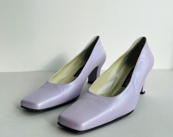 Décolleté vintage in pelle lilla con punta quadrata, décolleté italiane con tacco basso, taglia US 7.5