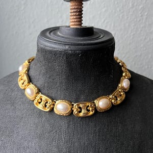 Vintage jaren 80 goudkleurige ovale nepparelkraagketting met sierlijke rol, jaren 80 kolompaneel schakelketting bruidsverklaring 17''