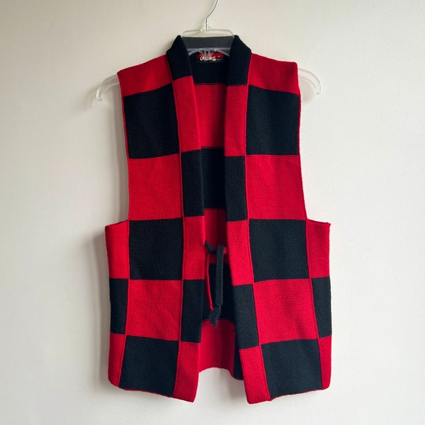 vintage Original Tokyo rouge et noir carré gilet en tricot à carreaux unisexe, gilet de bloc de couleur de travail patch audacieux, tricot de câble tricot japonais S/M