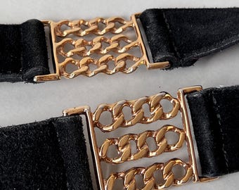Vintage 80s Womens Black Suede Leather Belt Gold Metal  display picture 1