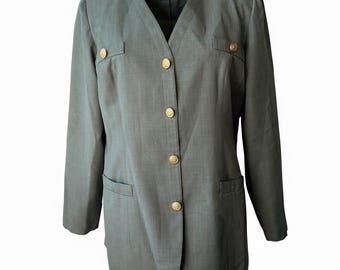 Blazer vintage verde salvia con botones dorados, largo medio, forro, bolsillos, hombreras, Corpcore Career M/L
