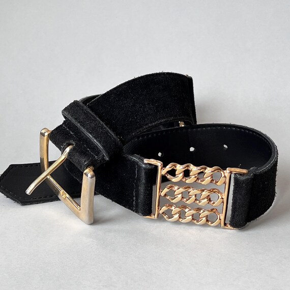 Vintage 80s Womens Black Suede Leather Belt Gold Metal  display picture 2