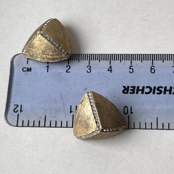 Vintage Pyramid Brushed Gold Metal Rhinstone Clip… - image 7