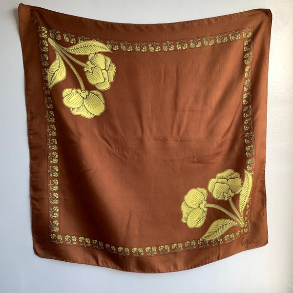 Vintage BELLOTI Silk Chocolate Brown with Yellow Flowers Novelty Print Scarf Hemmed Rolled Edge Medium, Head Scarf 76x76cm
