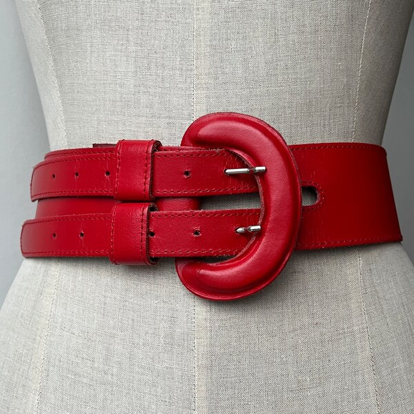 Vintage womens lipstick red leather belt wide high waist Y2K, oxblood red wide buckle statement belt, valentines gift for best friend 90cm