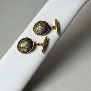 Vintage Damaszener Herren Manschettenknöpfe Rund Schwarz Gold Ton Einzigartige Kleine, Besondere Occasio Herren Schmuck Geschenk Klassische Manschettenknöpfe