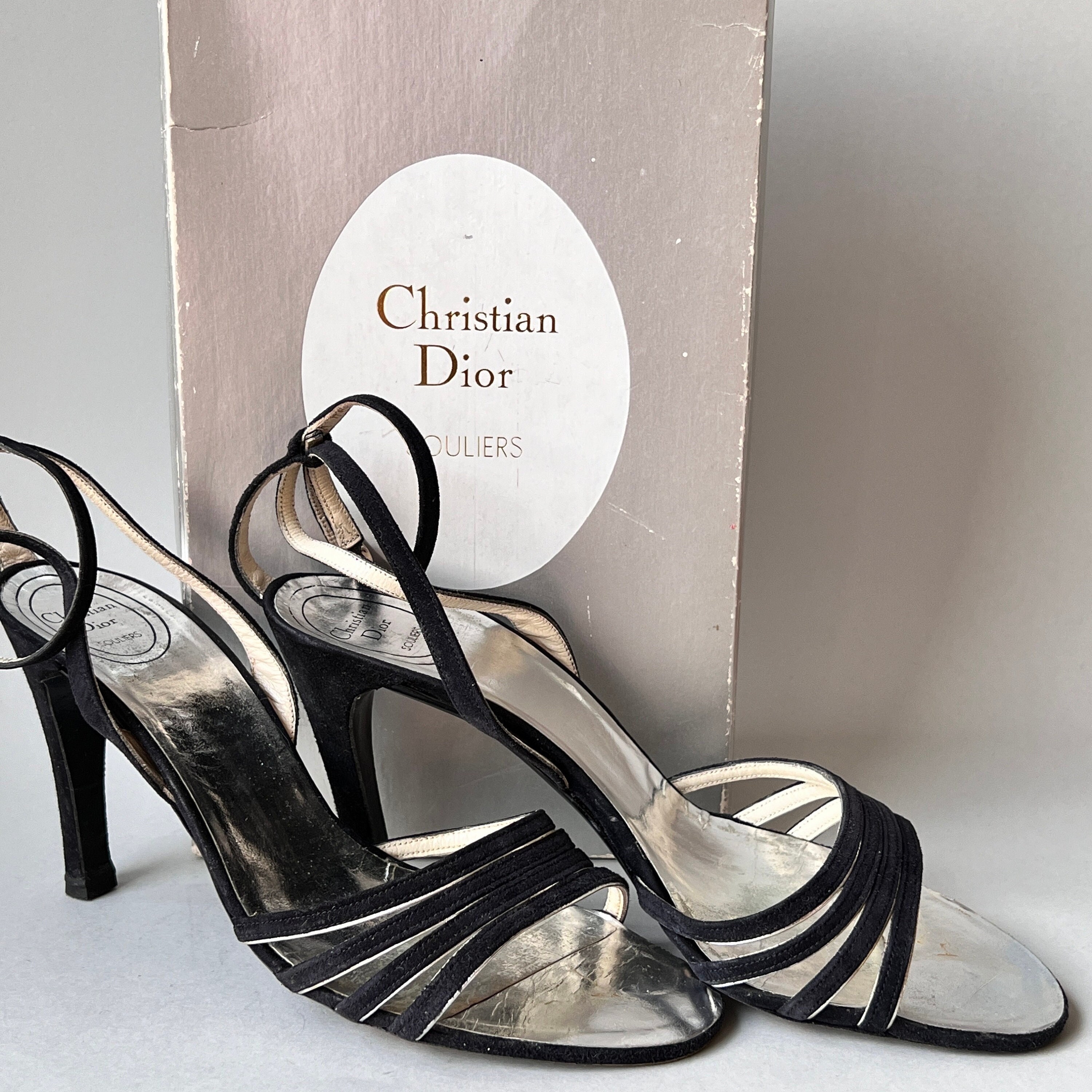 Vintage Women s Christian Dior Souliers Black Silver Suede Leather Open Sandals Strap Heels Cadix Houston Size 7B EU38 US7 UK5 Original Box Etsy Australia
